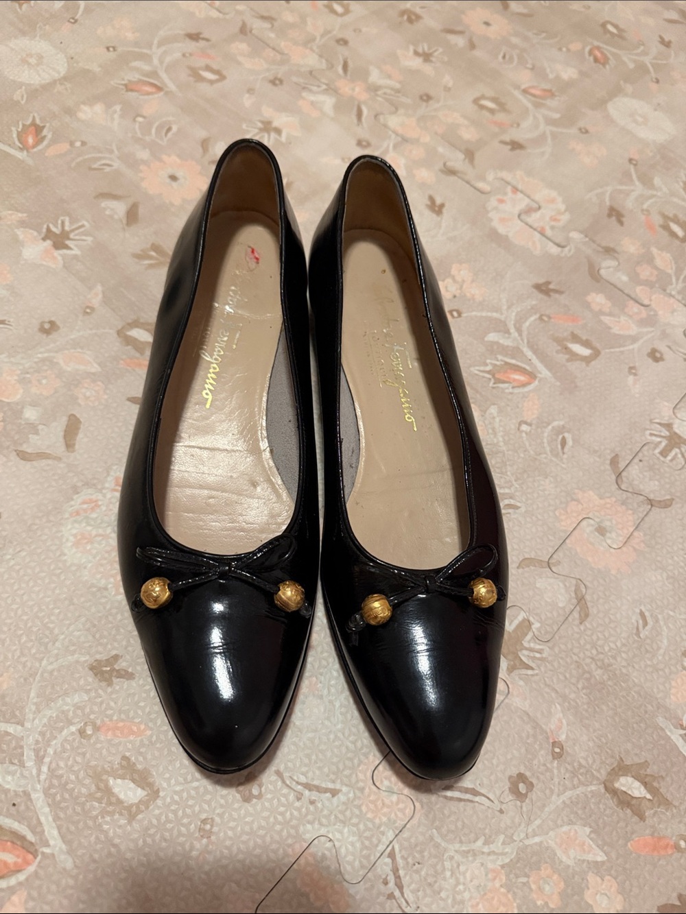 Ferragamo Black Leather Ballet Flats with Gold Bead Trim